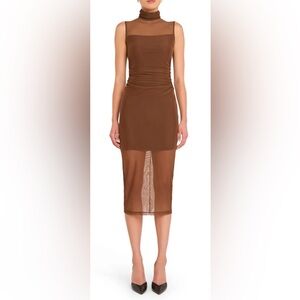 Amanda Uprichard Damira Mocha Brown Sheer Mesh Sleeveless Midi Dress M Medium